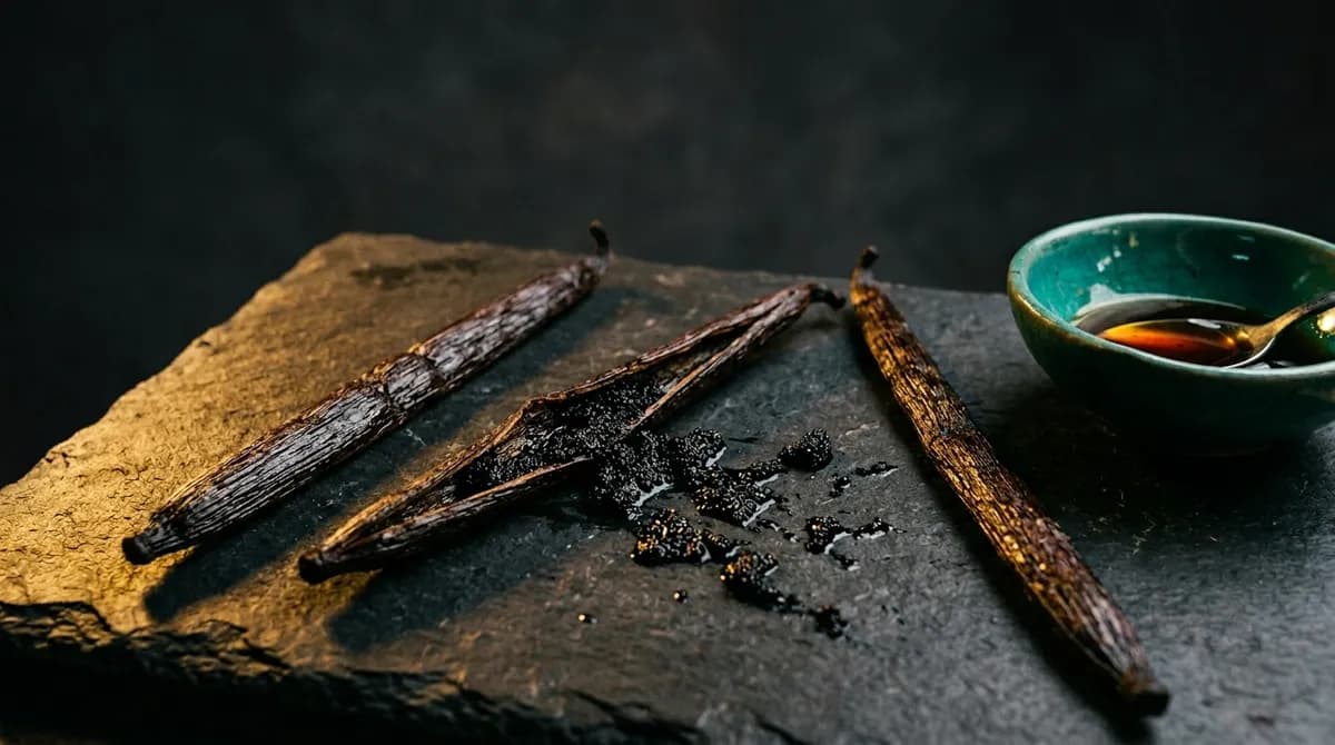 Fermentierte Ceylon Vanilleschoten aus Sri Lanka — dunkelbraun, ölig-glänzend, mit sichtbaren Vanillin-Kristallen