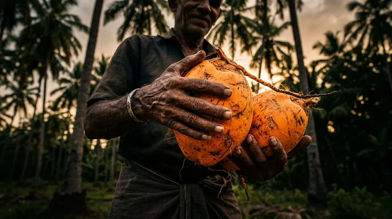 Frisch geerntete King Coconut (Thambili) in den Händen eines sri-lankischen Bauern in der Anbauregion Kurunegala