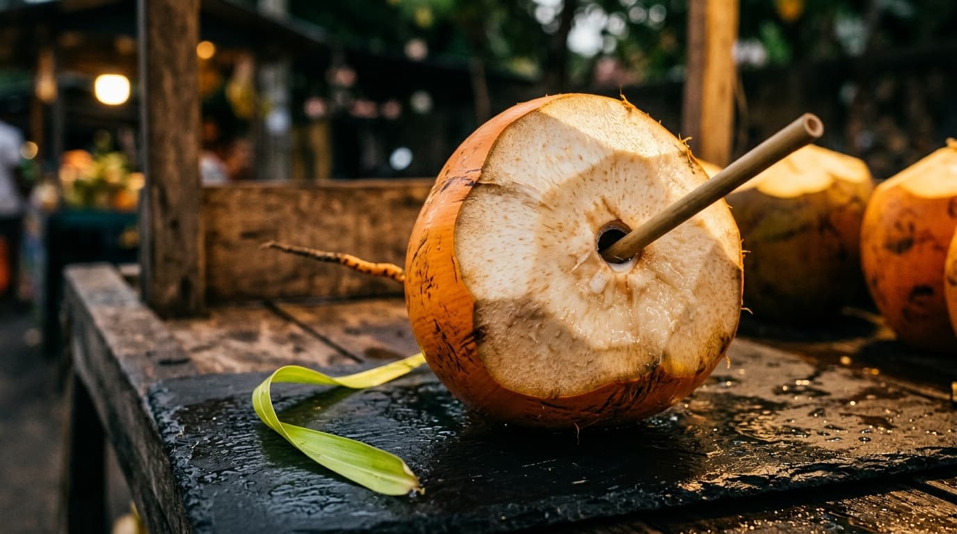 King Coconut mit Bambusstrohhalm auf einem Sri-Lanka-Marktstand am Abend