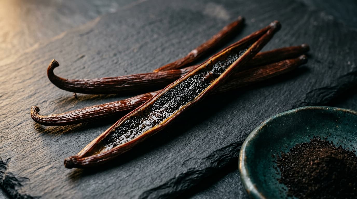 Macro shot of a split Ceylon vanilla pod with moist seed caviar on dark slate