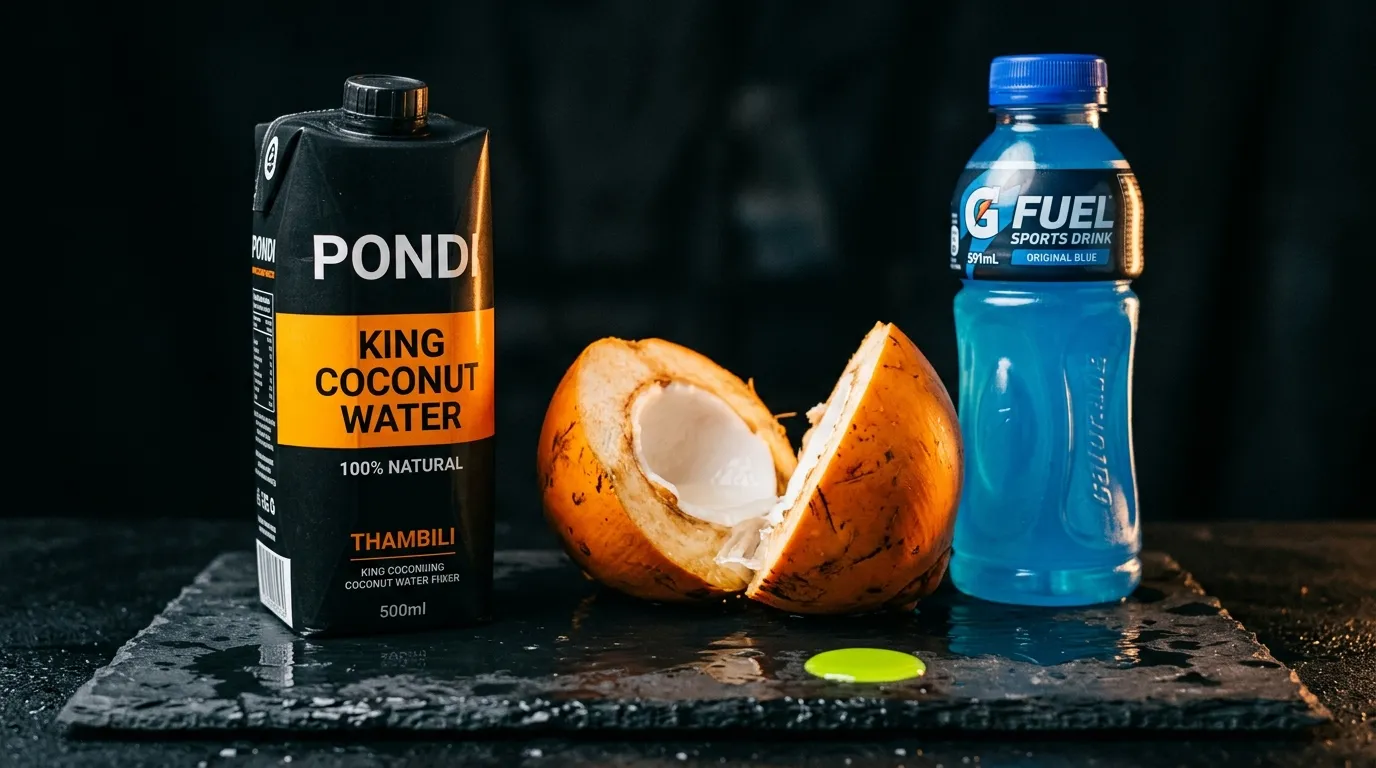 King Coconut Water PONDI Tetra Pak neben Gatorade-Flasche — direkter Nährstoffvergleich auf dunklem Hintergrund